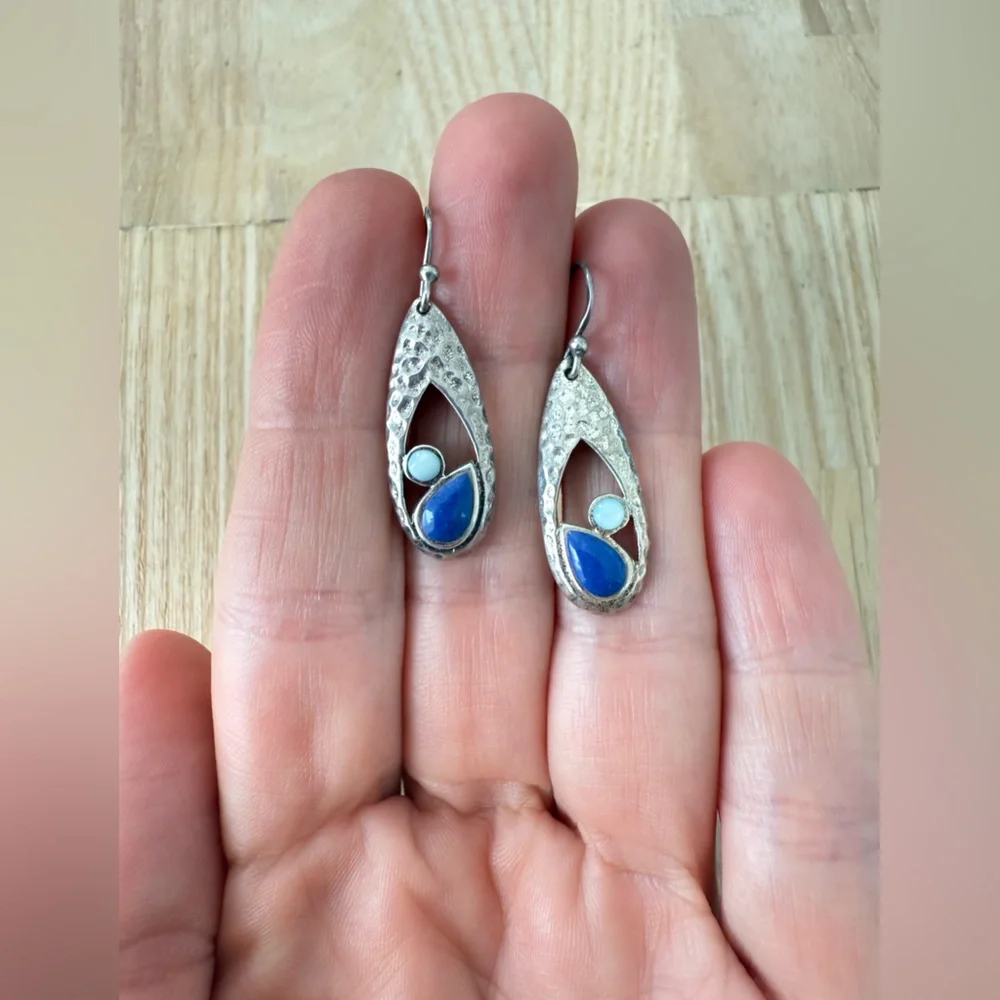 925 Sterling silver hammered teardrop blue stone earrings on hooks